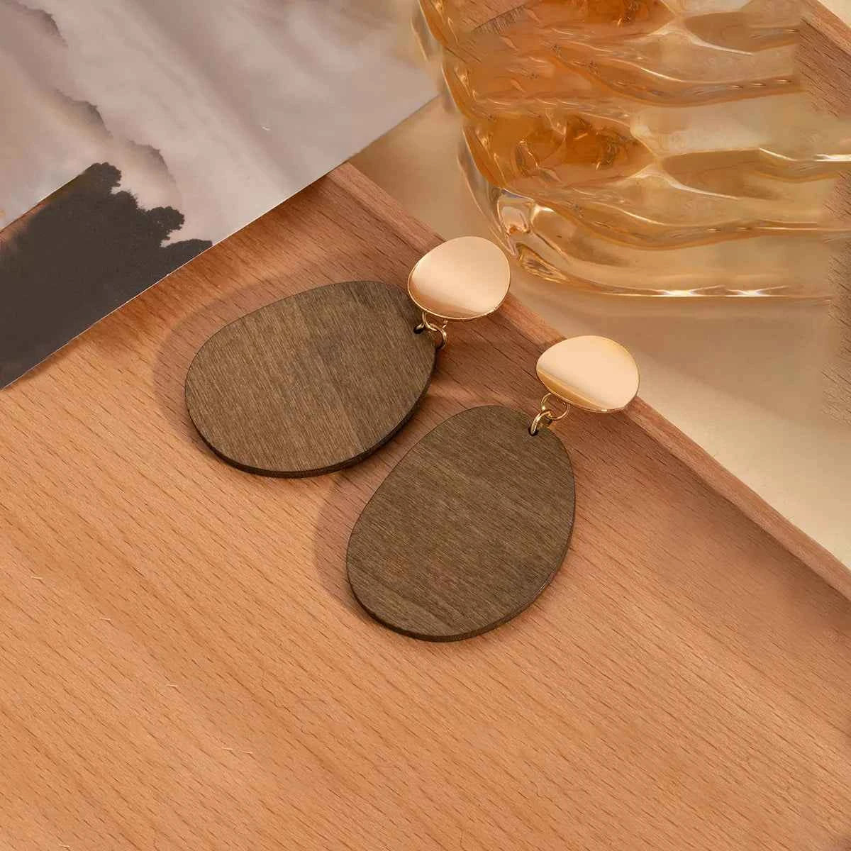 18K Gold-Plated Geometric Wood Drop Earrings Trendsi