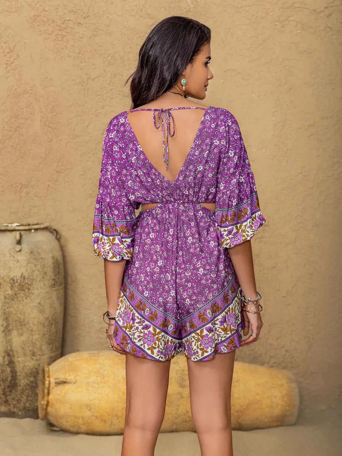 Tied Front Cutout Printed Romper Trendsi