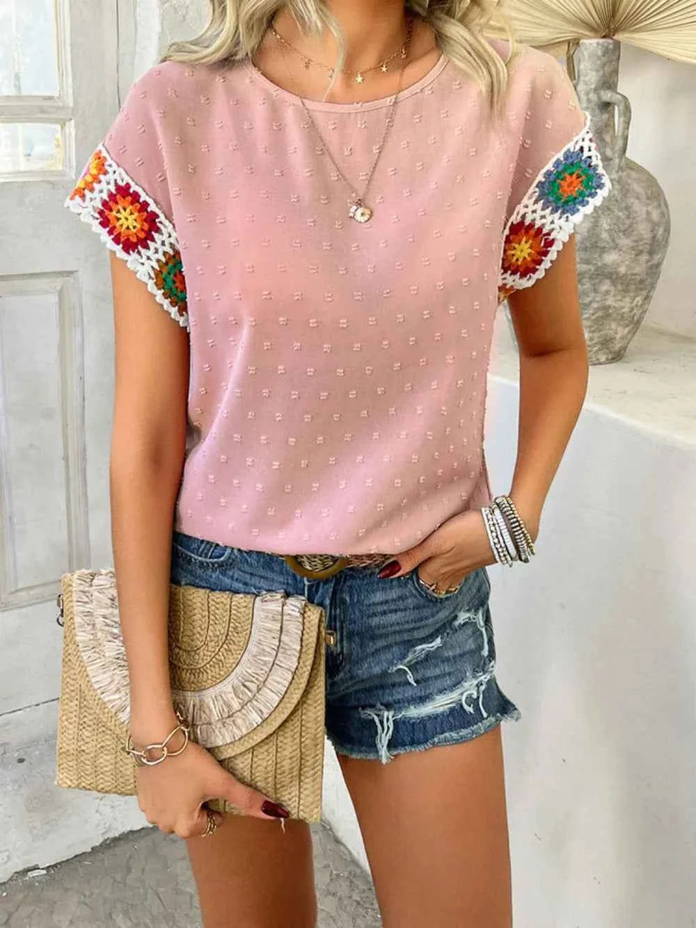 Devine Swiss Dot Round Neck Crochet Short Sleeve Top Blush Pink Trendsi