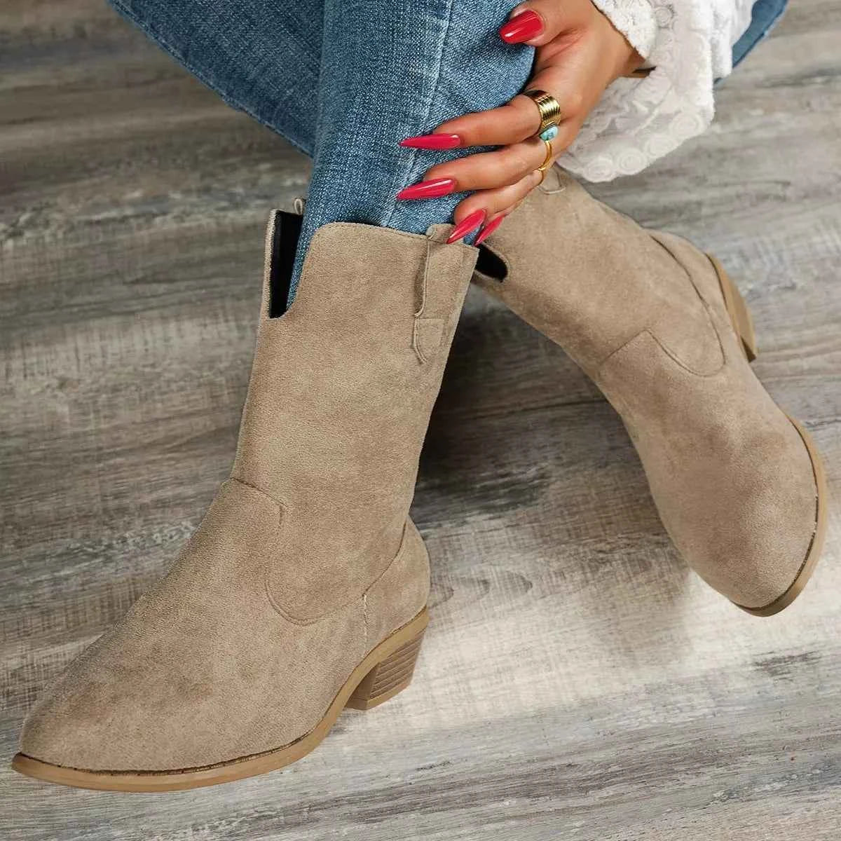 Suede Block Heel Western Boots Trendsi