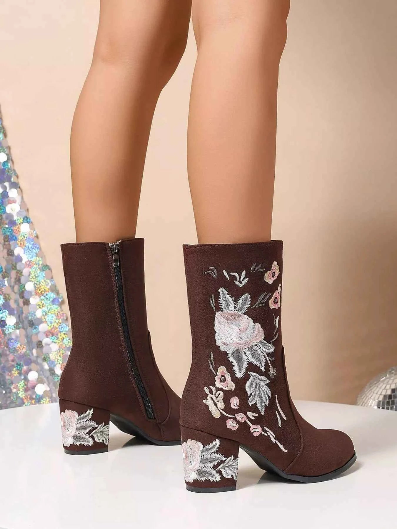 Floral Embroidered Block Heel Boots Trendsi