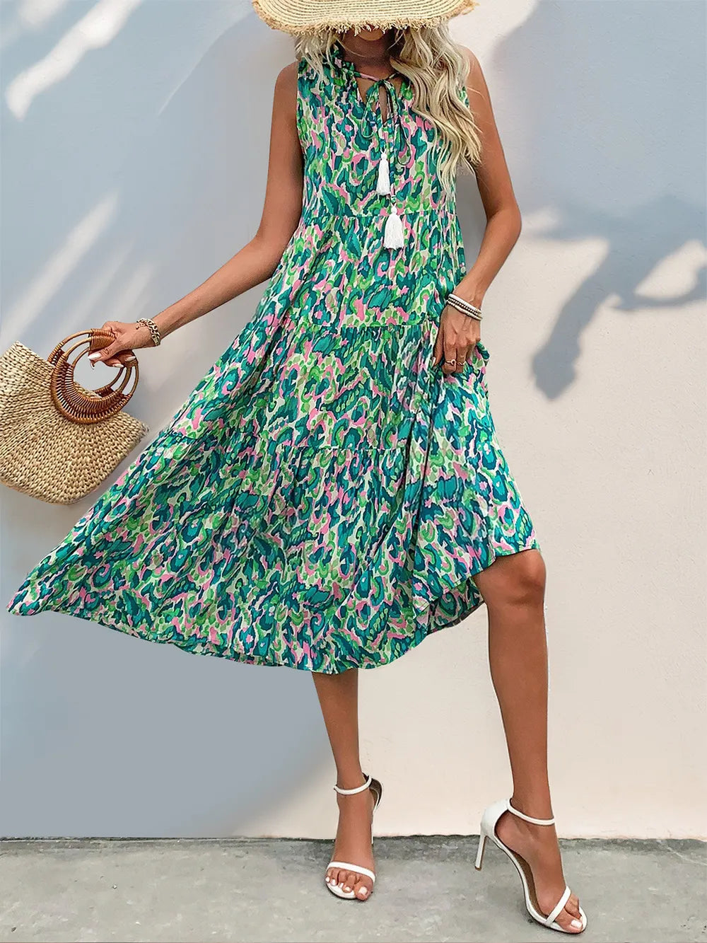 Perfee Tassel Printed Tie Neck Sleeveless Dress Trendsi