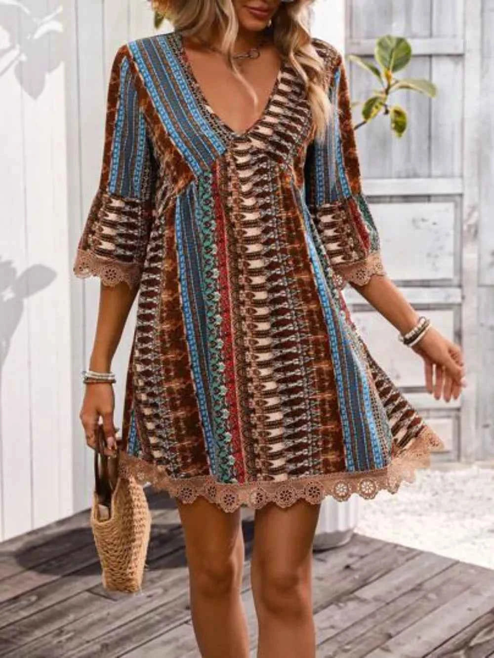 Lace Trim Printed V-Neck 3/4 Sleeve Dress Trendsi