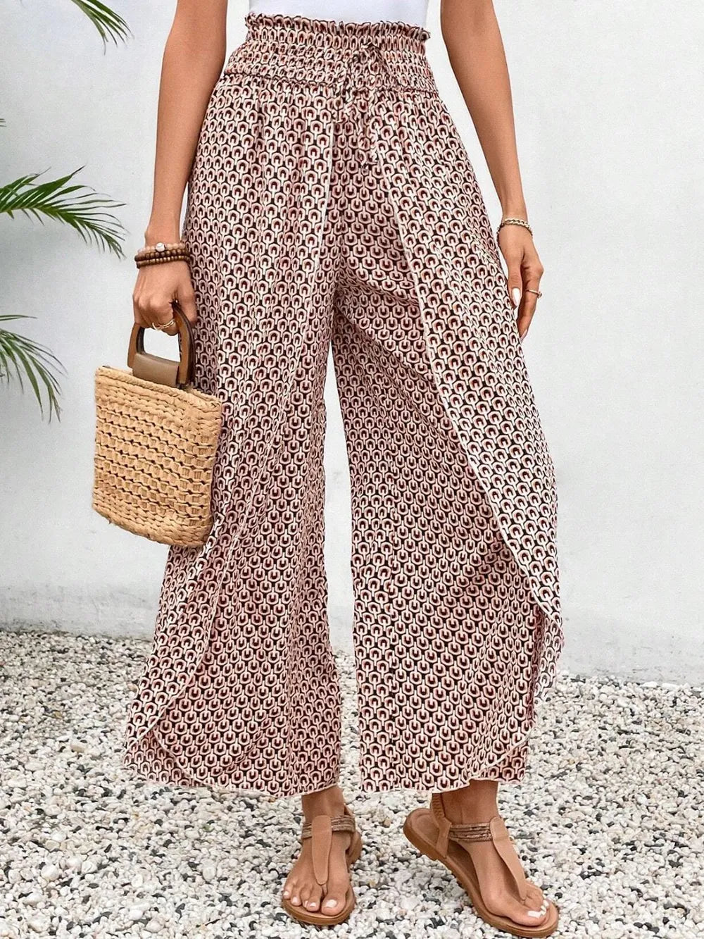 Tied Printed Wide Leg Pants Pale Blush Trendsi