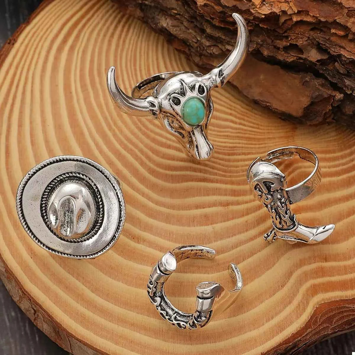 4 Piece Vintage Western Style Bull Head Rings Silver onesize Trendsi