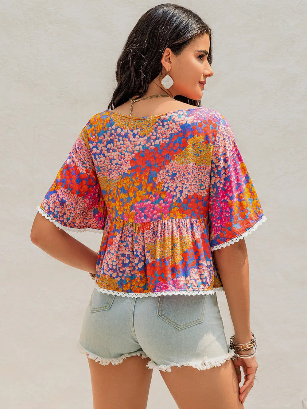 Ruched Printed Half Sleeve Blouse Trendsi