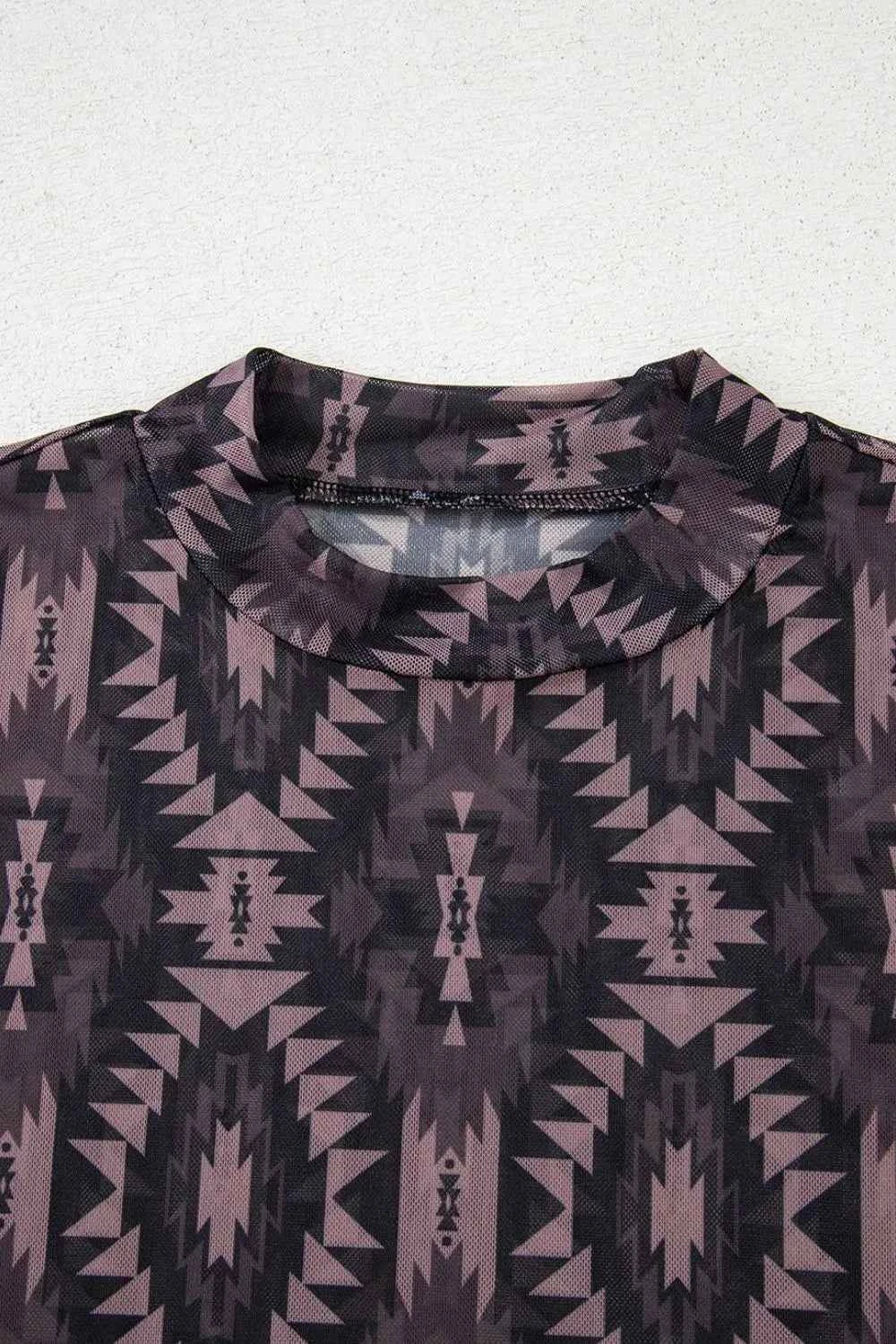 Aztec Print Mock Neck Short Sleeve Mesh T Shirt Trendsi