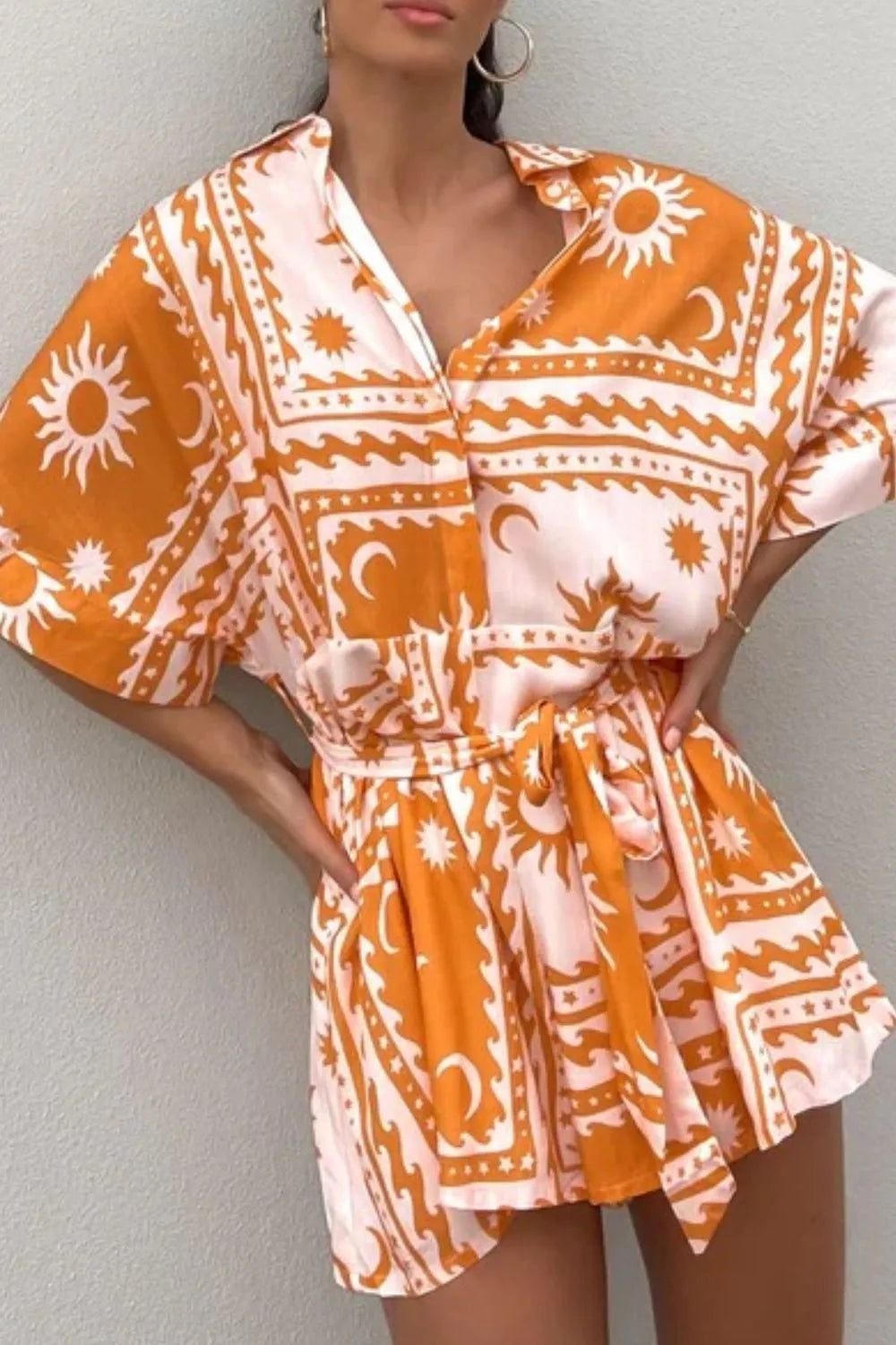 Printed Tie Waist Romper Yellow Trendsi