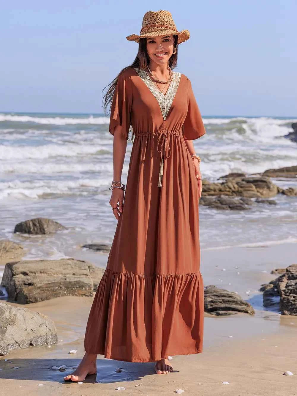 Ruffled Tassel V-Neck Flutter Sleeve Dress Trendsi