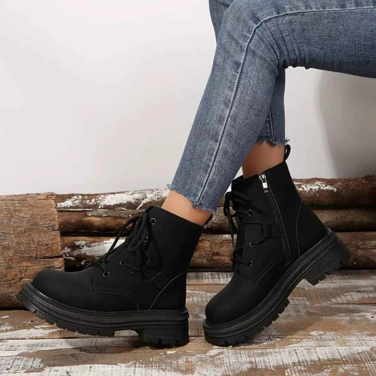 Round Toe Lace Up Platform Boots Trendsi