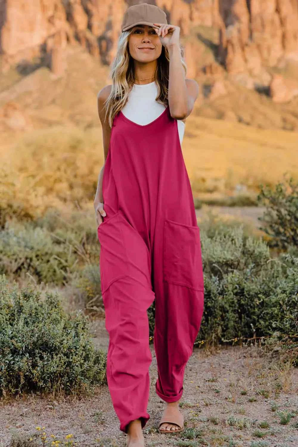 Double Take Full Size V-Neck Sleeveless Jumpsuit with Pockets Hot Pink Trendsi