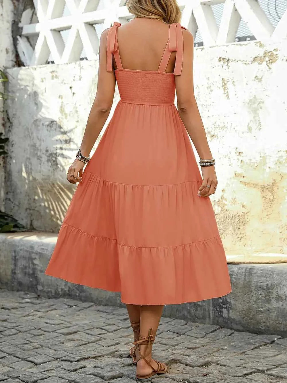 Tie Shoulder Square Neck Tiered Midi Dress Trendsi