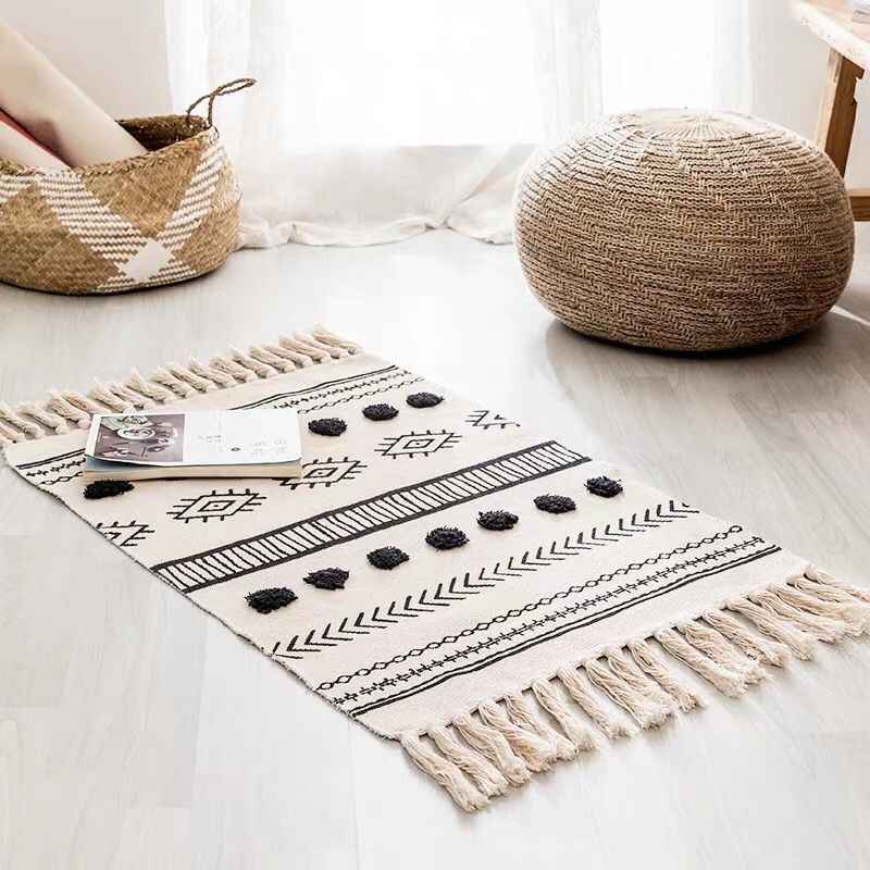 Bohemian Hand-Woven Tassel Rug - Cotton & Linen Ze BlakHom