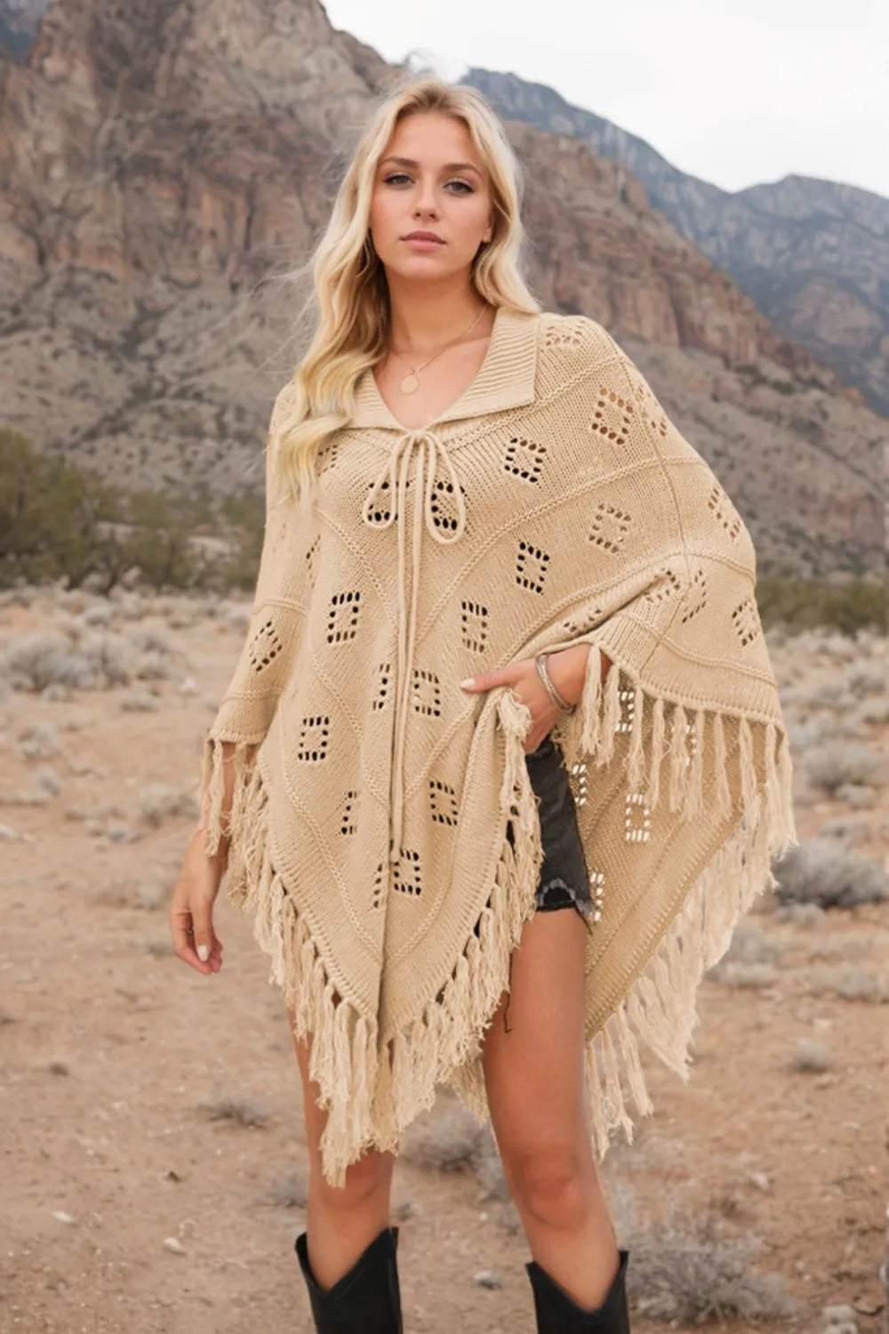 Tassel Hem Knit Cover Up Tan Trendsi