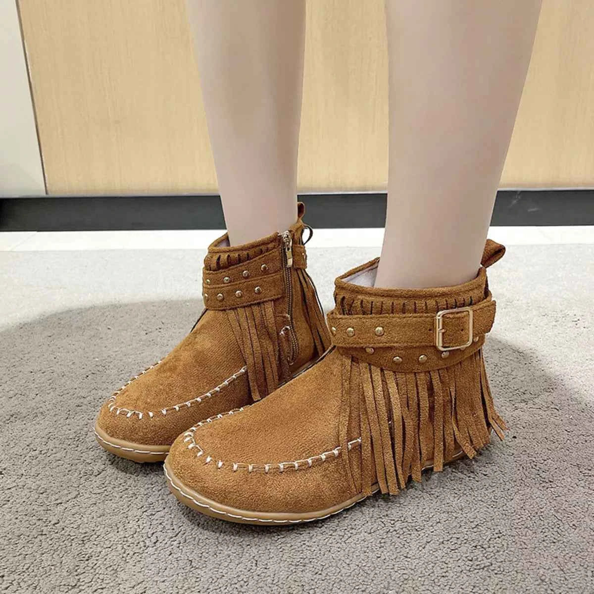 Fringe Round Toe Boots Brown Trendsi