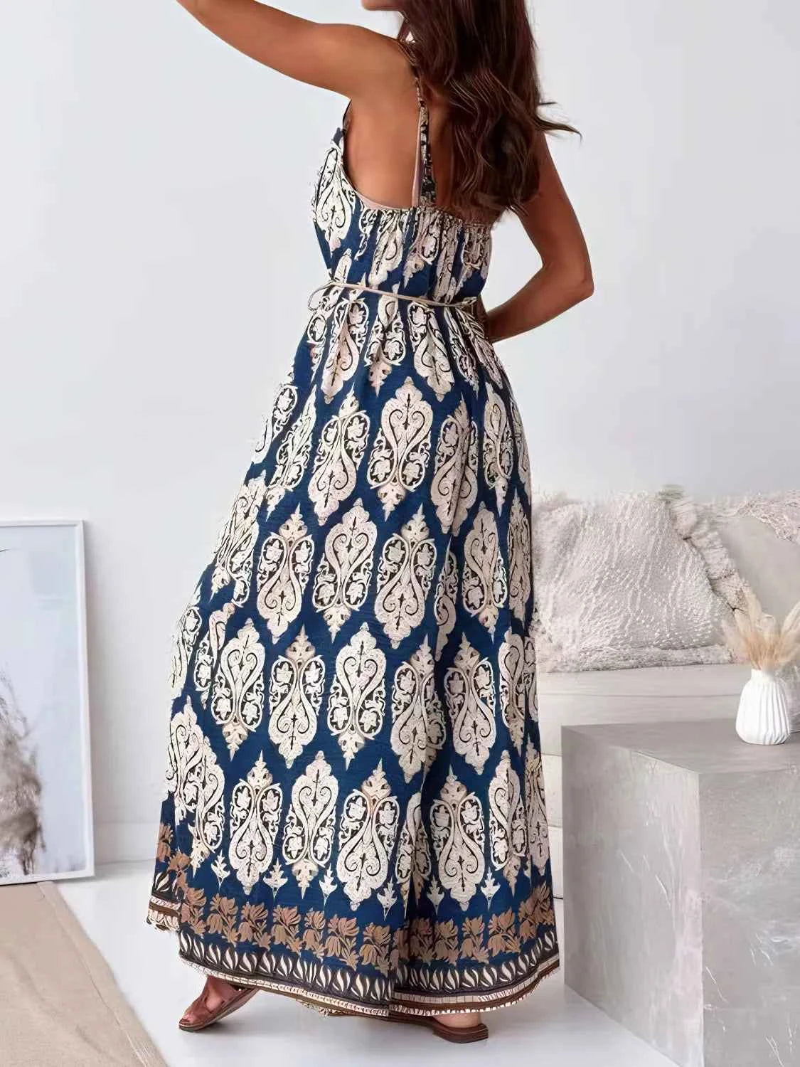 Printed V-Neck Wide Leg Jumpsuit Trendsi