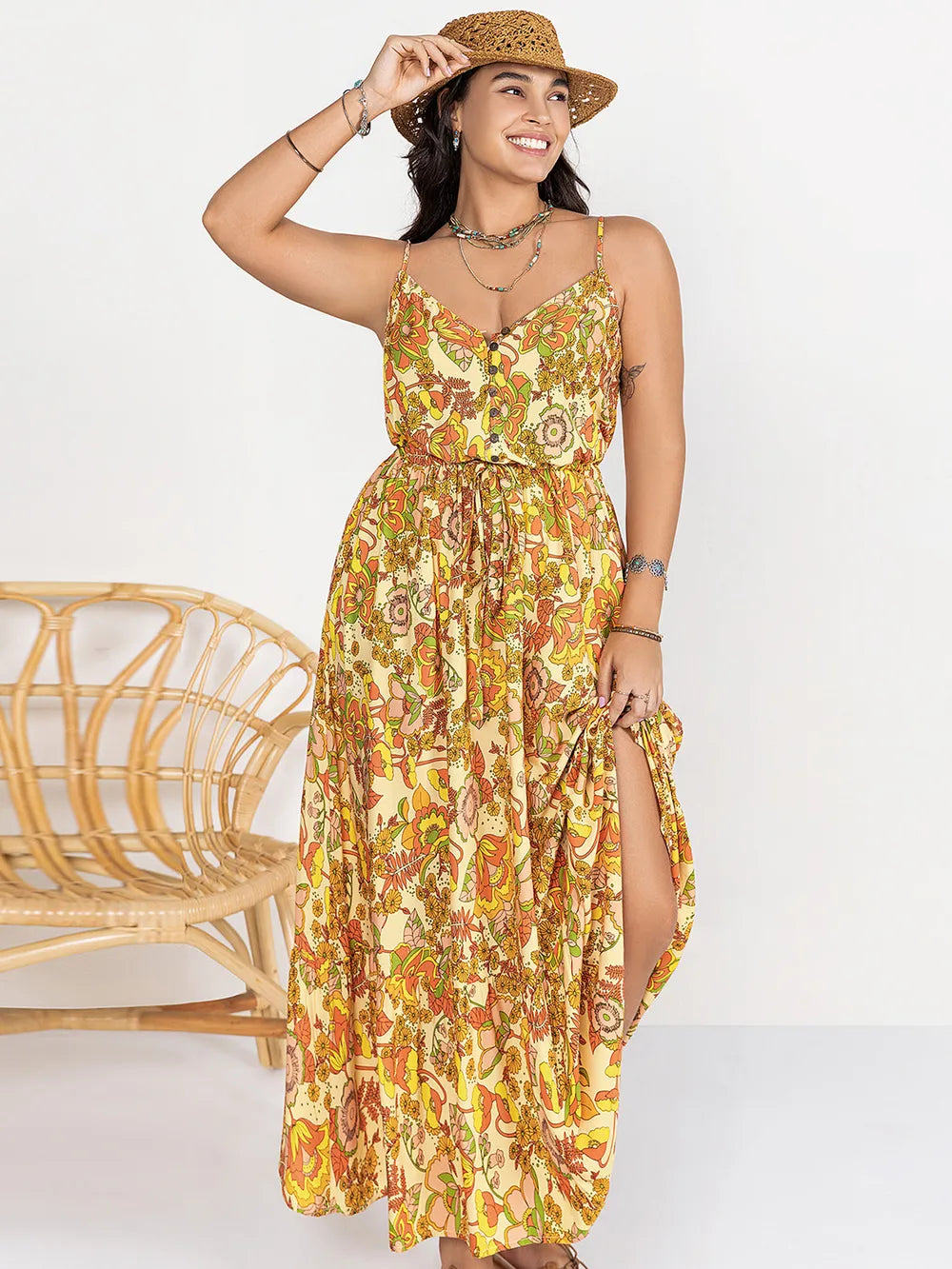 Plus Size Printed V-Neck Maxi Cami Dress Gold Trendsi
