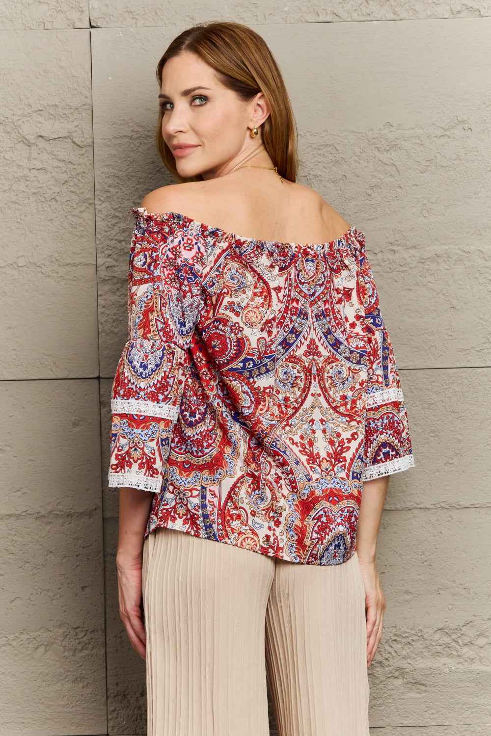 Perfee Off-Shoulder Bohemian Blouse - Three-Quarter Sleeve Trendsi