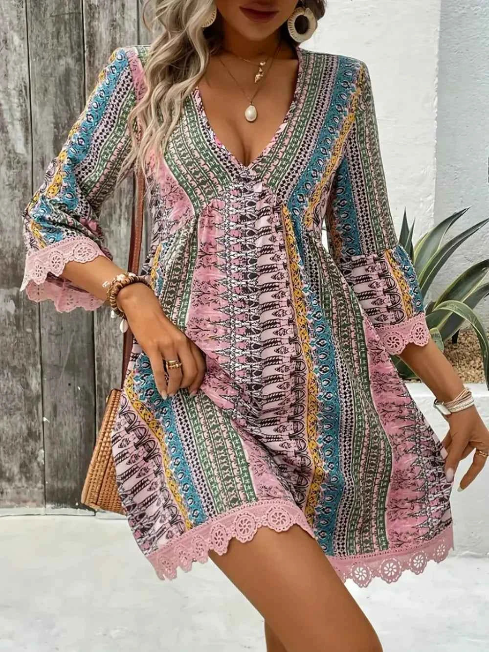 Lace Trim Printed V-Neck 3/4 Sleeve Dress Trendsi
