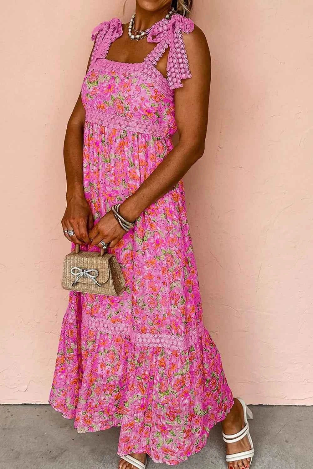 Floral Lace Wide Strap Square Neck Maxi Dress Trendsi