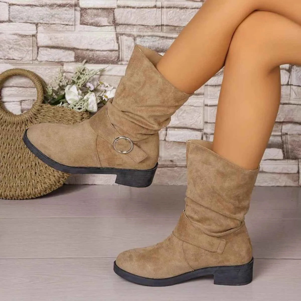 Round Toe Block Heels Boots Trendsi