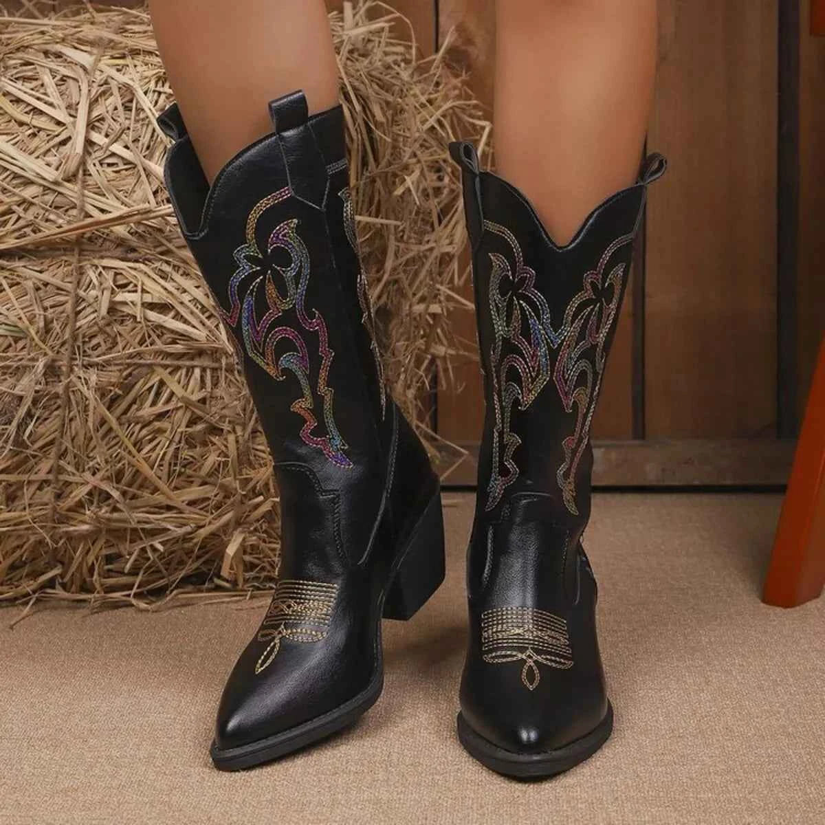 Point Toe Block Heels Boots Black Trendsi