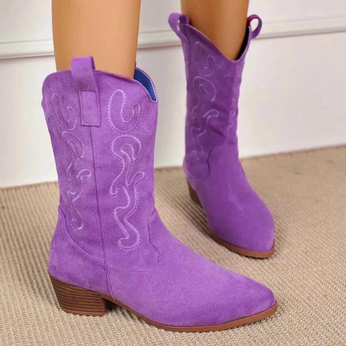 Point Toe Block Heels Boots Purple Trendsi
