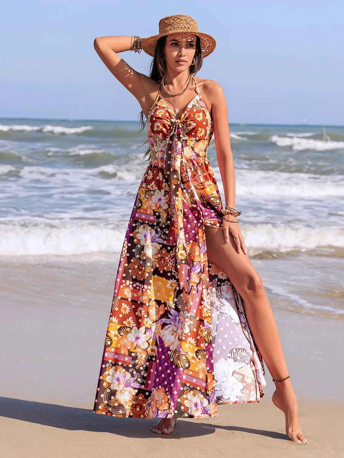 Slit Printed Halter Neck Cami Dress Trendsi