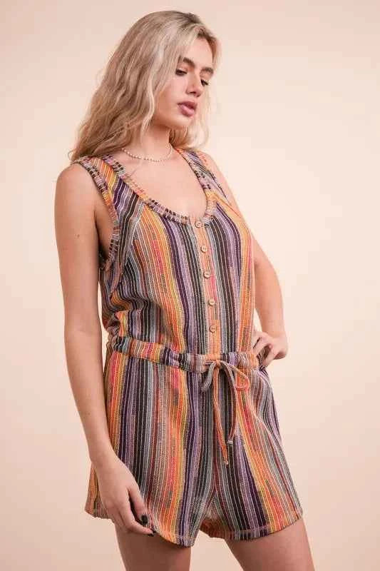 VERY J Crochet Multi Color Striped Casual Summer Romper Trendsi
