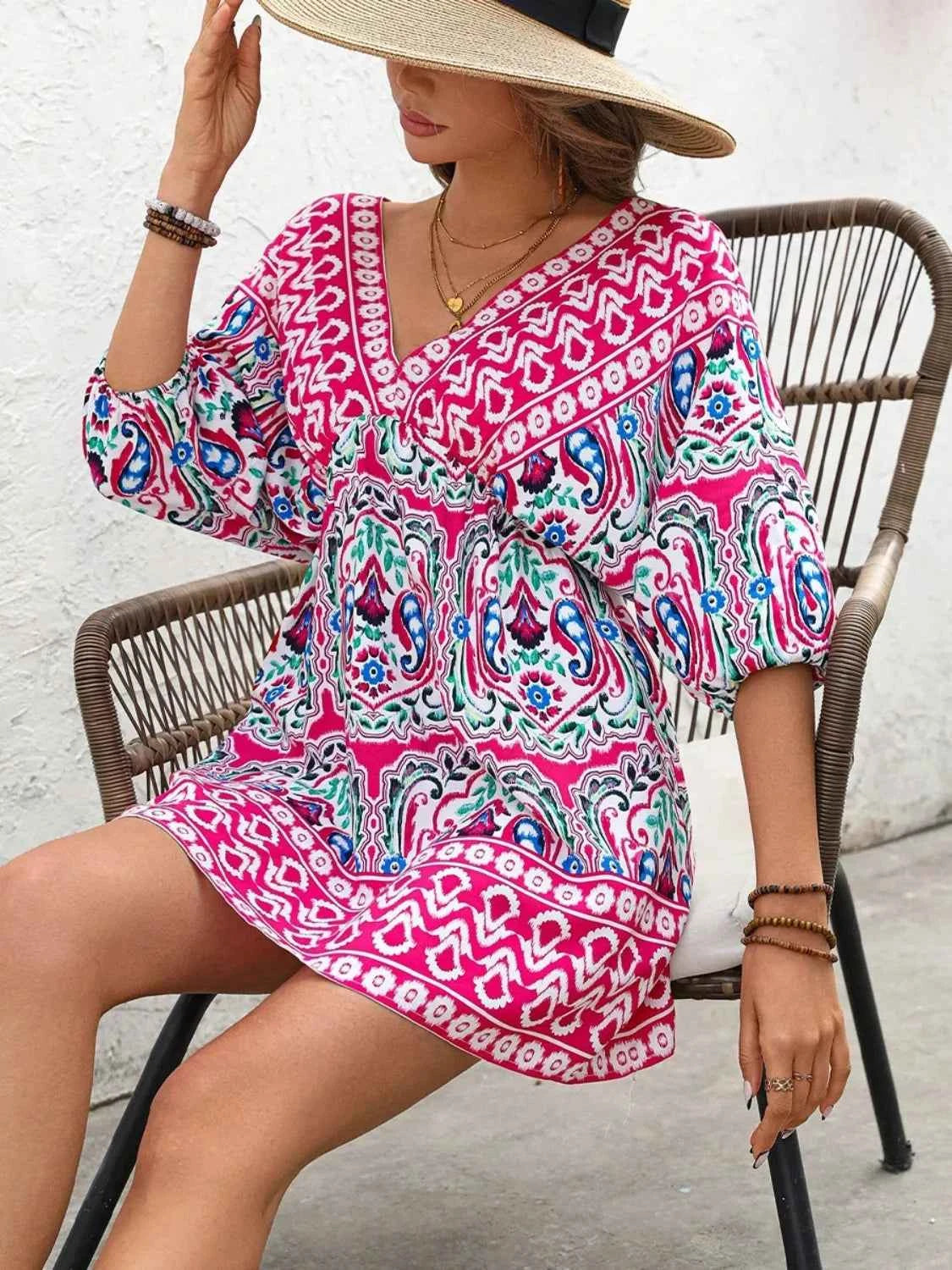 Printed Tie Back Half Sleeve Mini Dress Trendsi