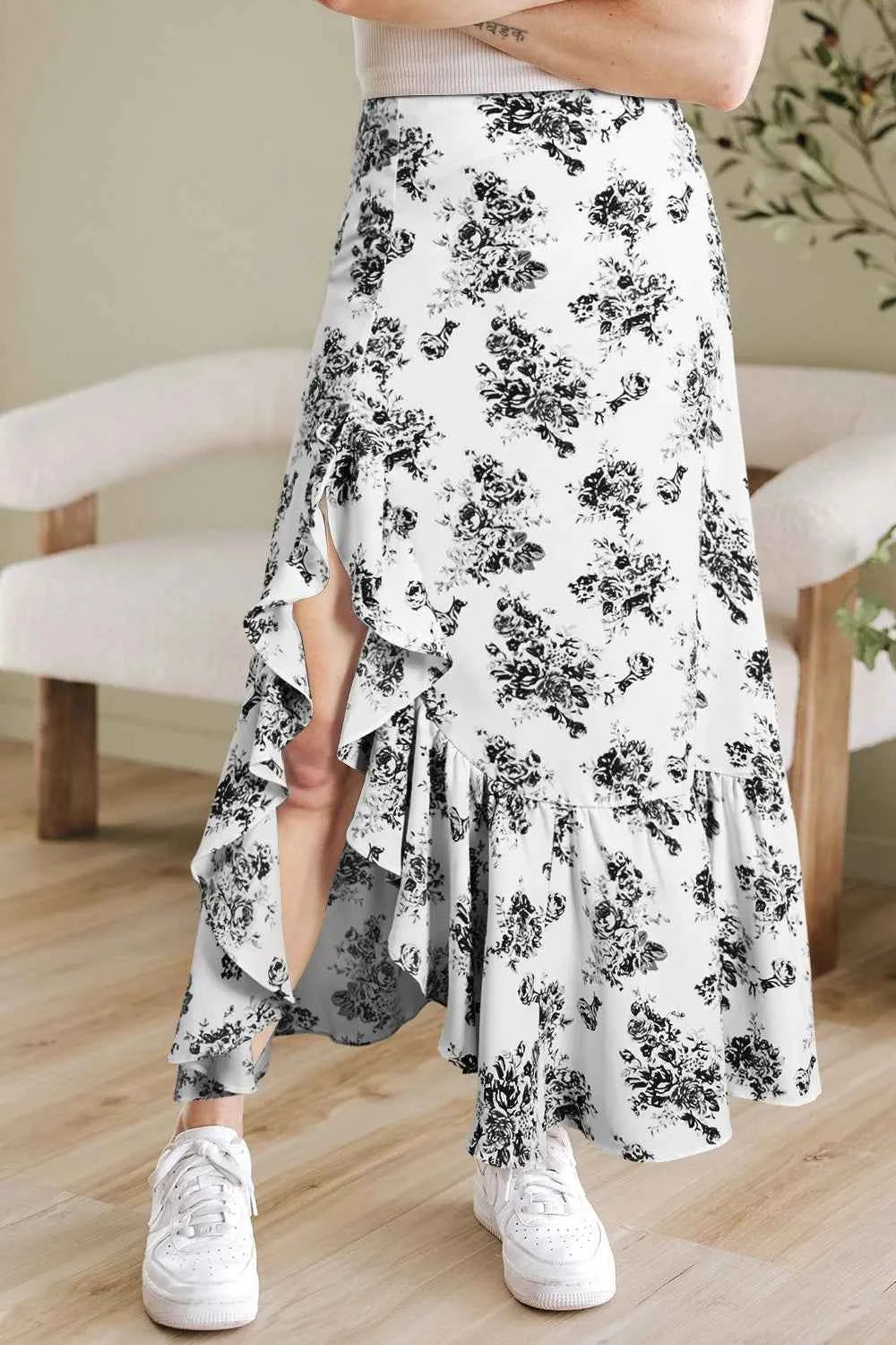 Boho Maxi Skirt with Floral Design and Ruffle Split Hem Trendsi