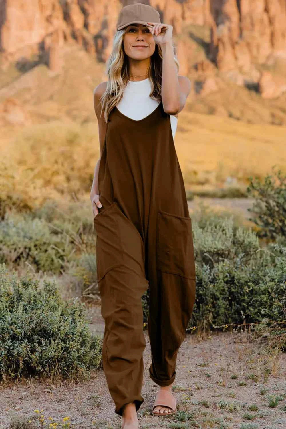 Double Take Full Size V-Neck Sleeveless Jumpsuit with Pockets Coffee Brown Trendsi