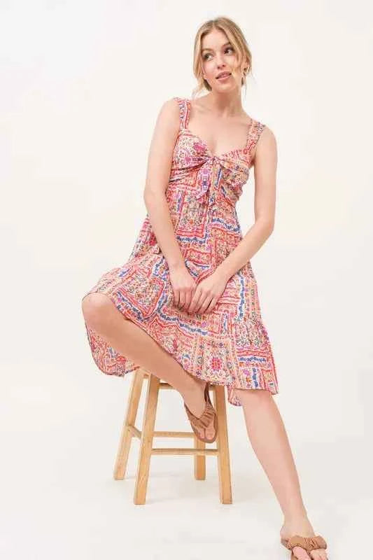 And The Why Tied Front Smocked Back Tiered Boho Printed Dress Trendsi
