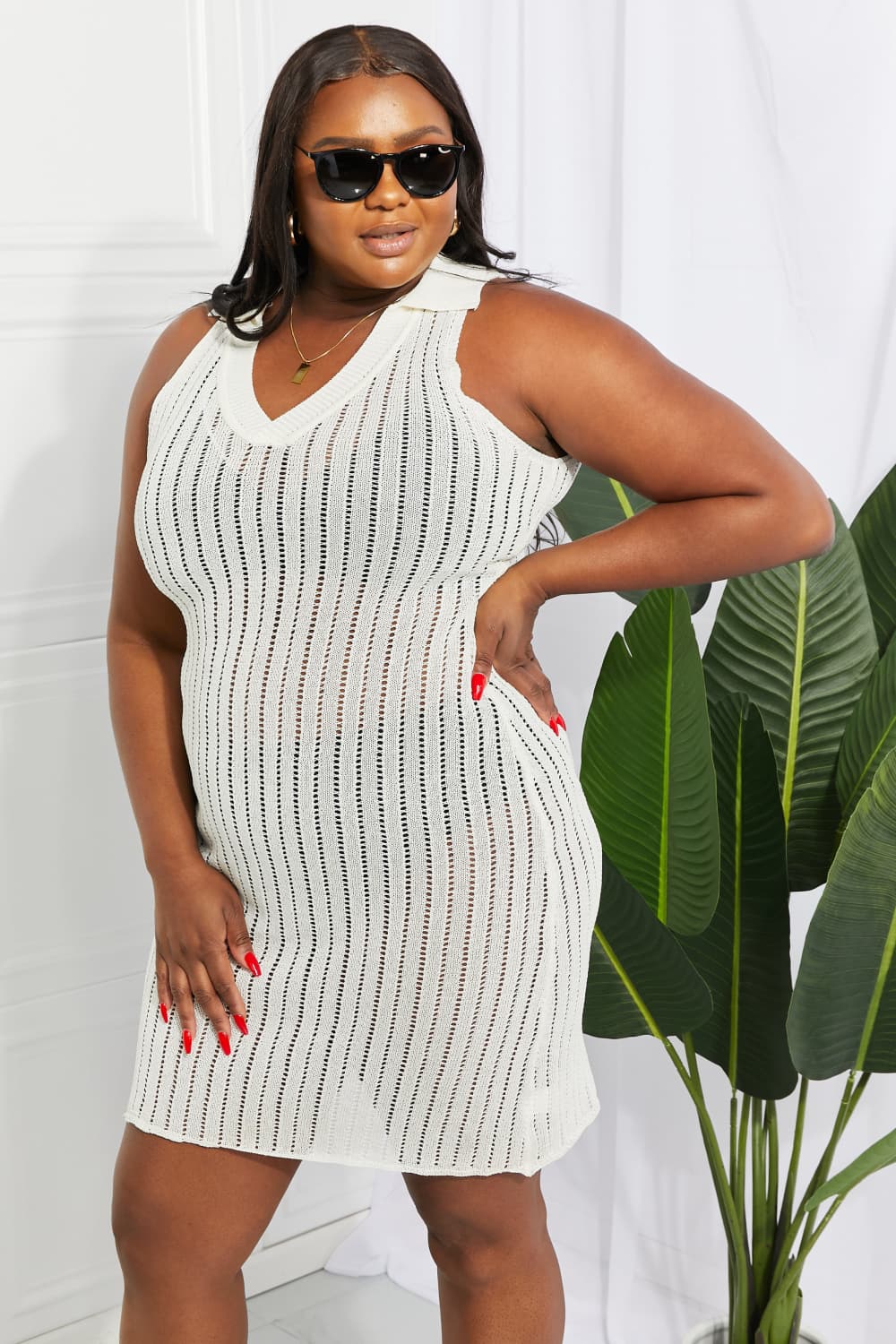 Openwork Johnny Collar Cover Up Dress Trendsi