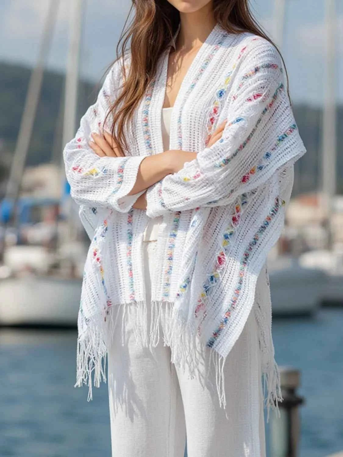 Openwork Fringe Knit Cape - Stylish Open Front Knitwear for Effortless Chic Trendsi