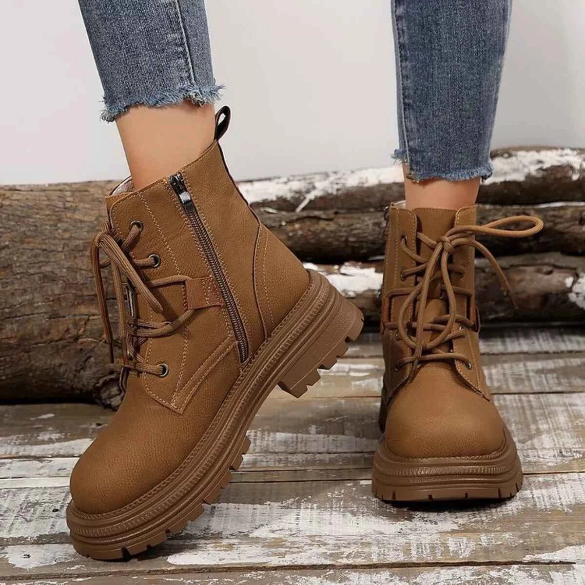 Round Toe Lace Up Platform Boots Trendsi