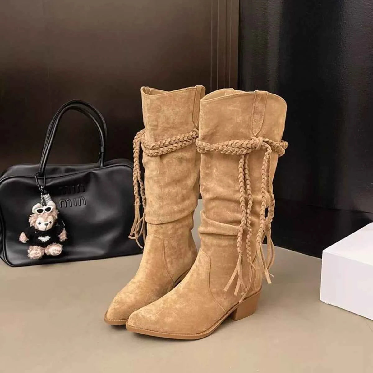 Point Toe Block Heels Boots Apricot Trendsi