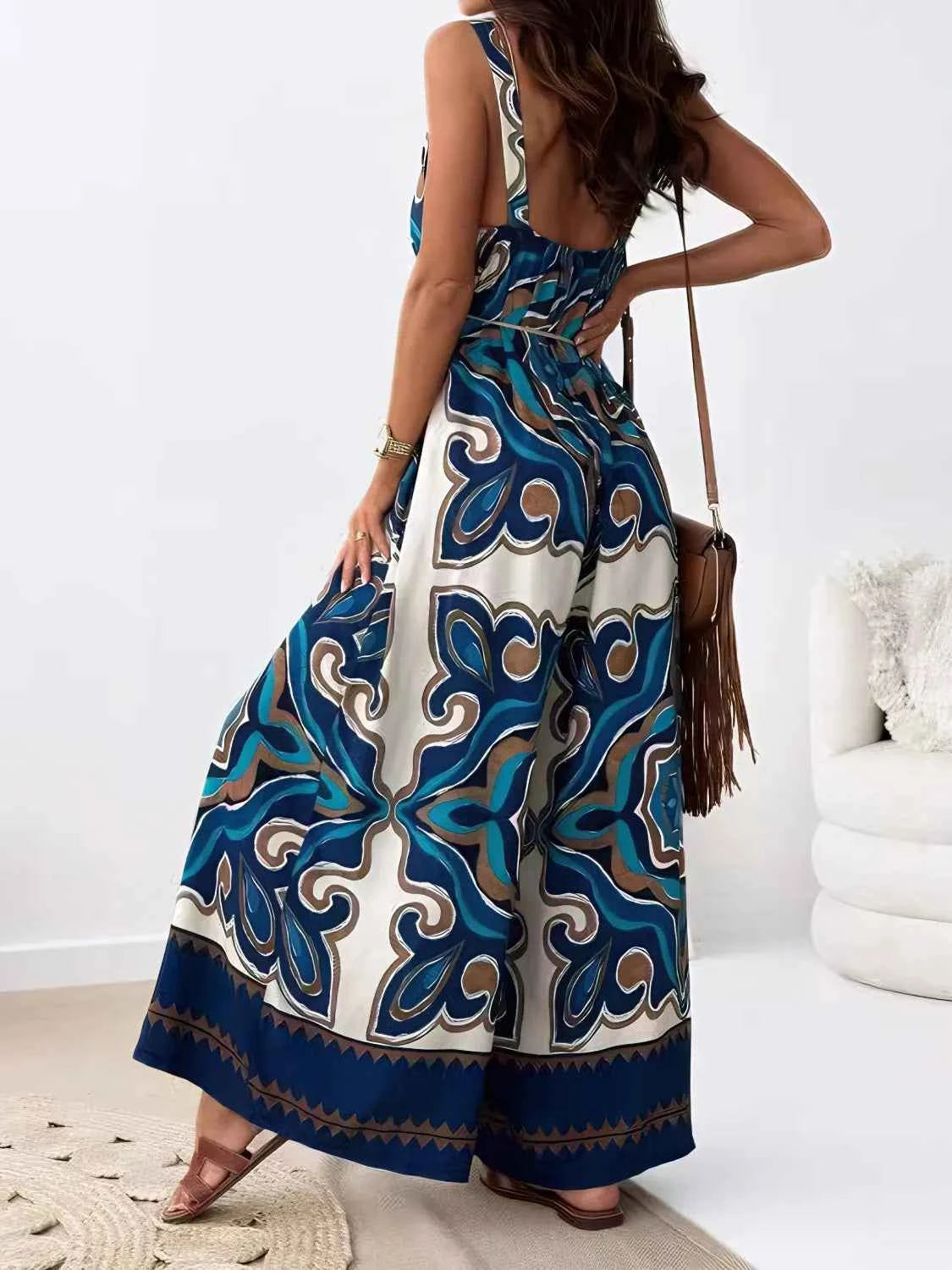 Printed V-Neck Wide Leg Jumpsuit Trendsi