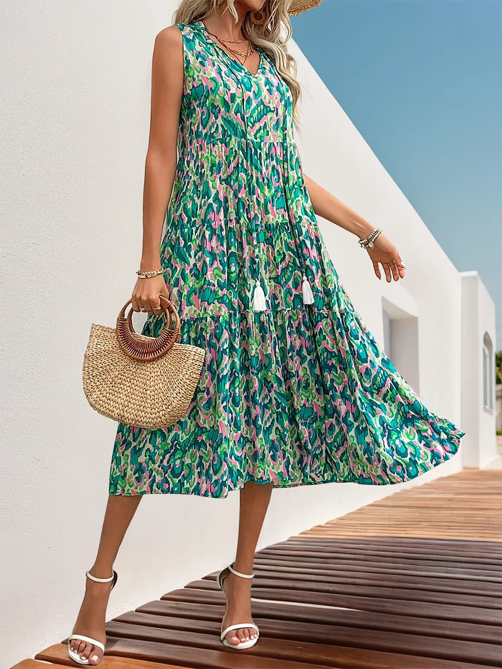 Perfee Tassel Printed Tie Neck Sleeveless Dress Trendsi