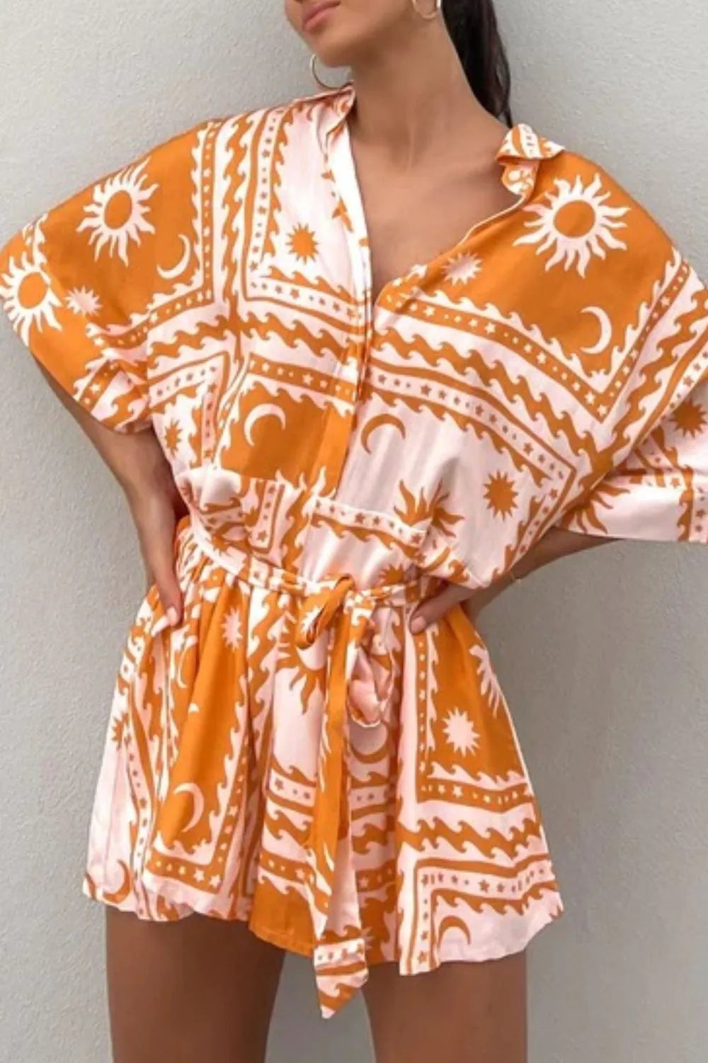Printed Tie Waist Romper Trendsi