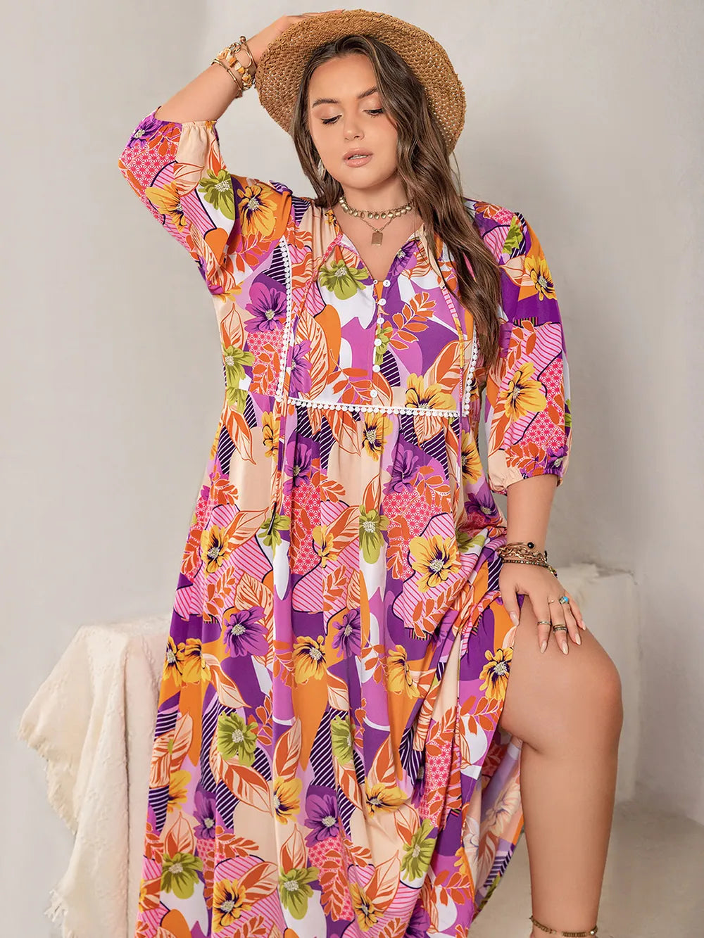 Plus Size Printed Tie Neck Maxi Dress Trendsi