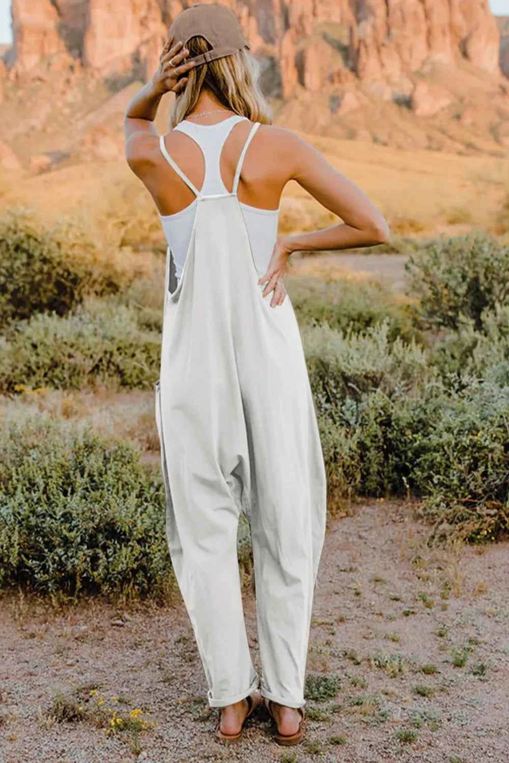 Double Take Full Size V-Neck Sleeveless Jumpsuit with Pockets Trendsi
