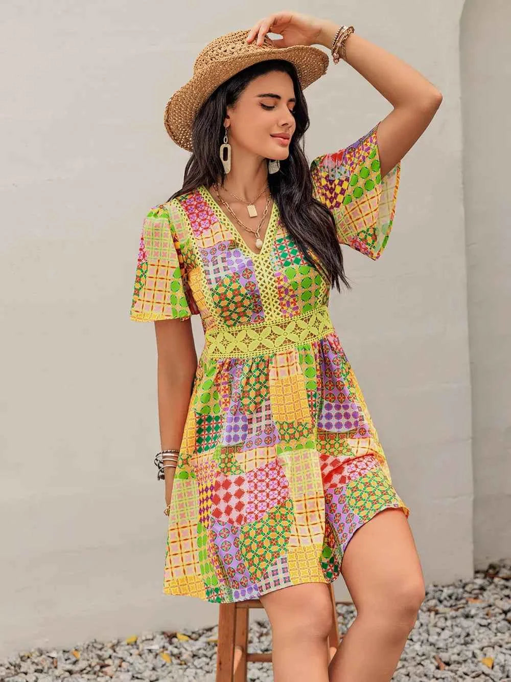 Crochet Trim Printed V-Neck Short Sleeve Mini Dress Trendsi