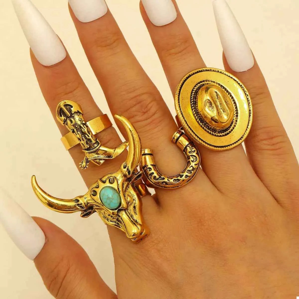 4 Piece Vintage Western Style Bull Head Rings Trendsi