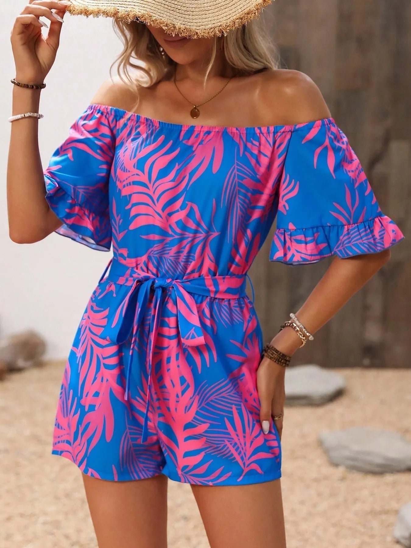 Tropical Print Off-Shoulder Romper Trendsi