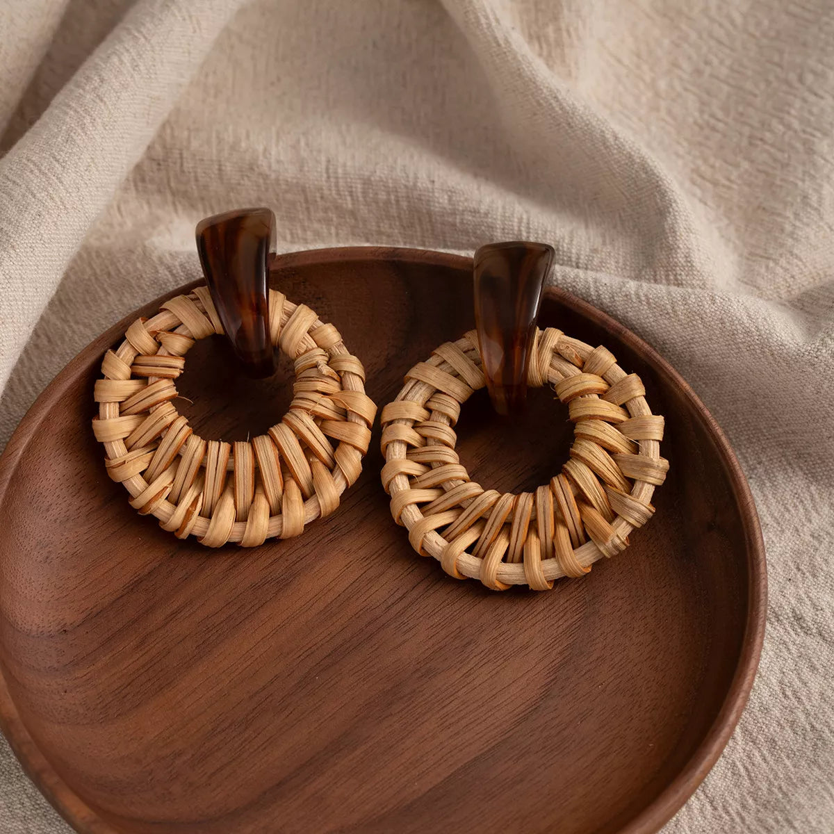 Bohemian Rattan Woven Hoop Earrings Chocolate One Size Trendsi