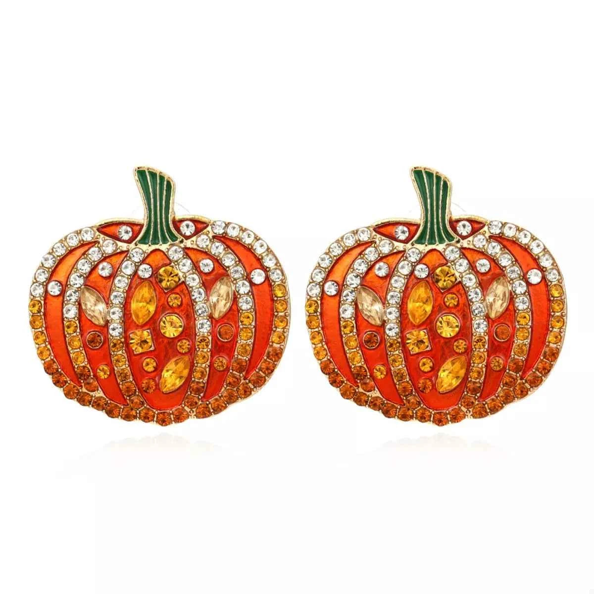 Halloween Pumpkin Rhinestone Stud Earrings - Gold Plated Sparkle Jewelry Trendsi