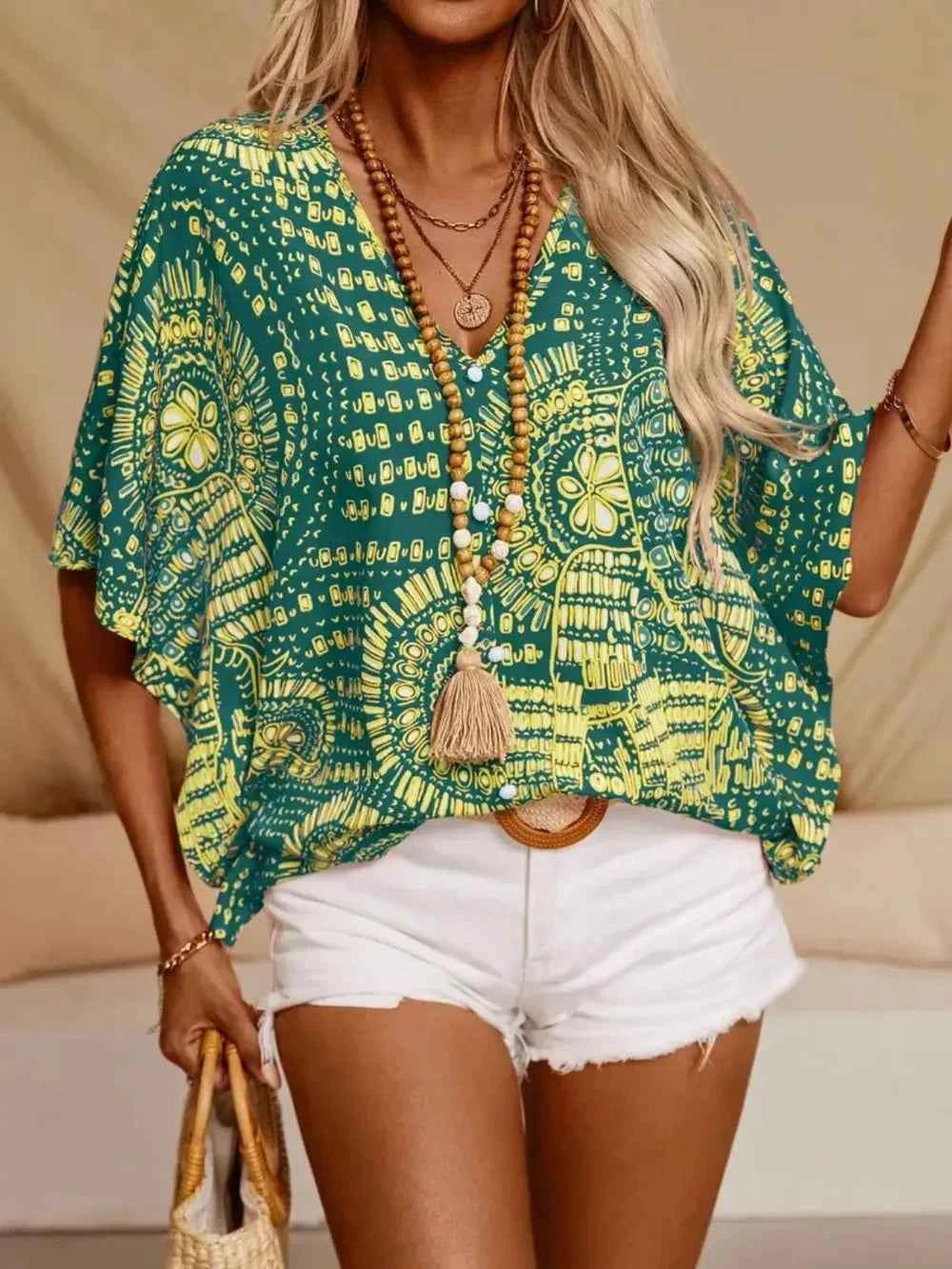 Printed V-Neck Half Sleeve Top Trendsi