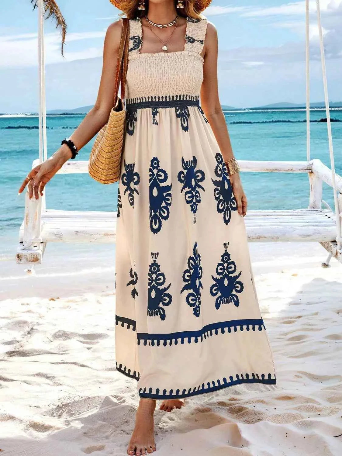 Smocked Printed Wide Strap Maxi Dress Trendsi