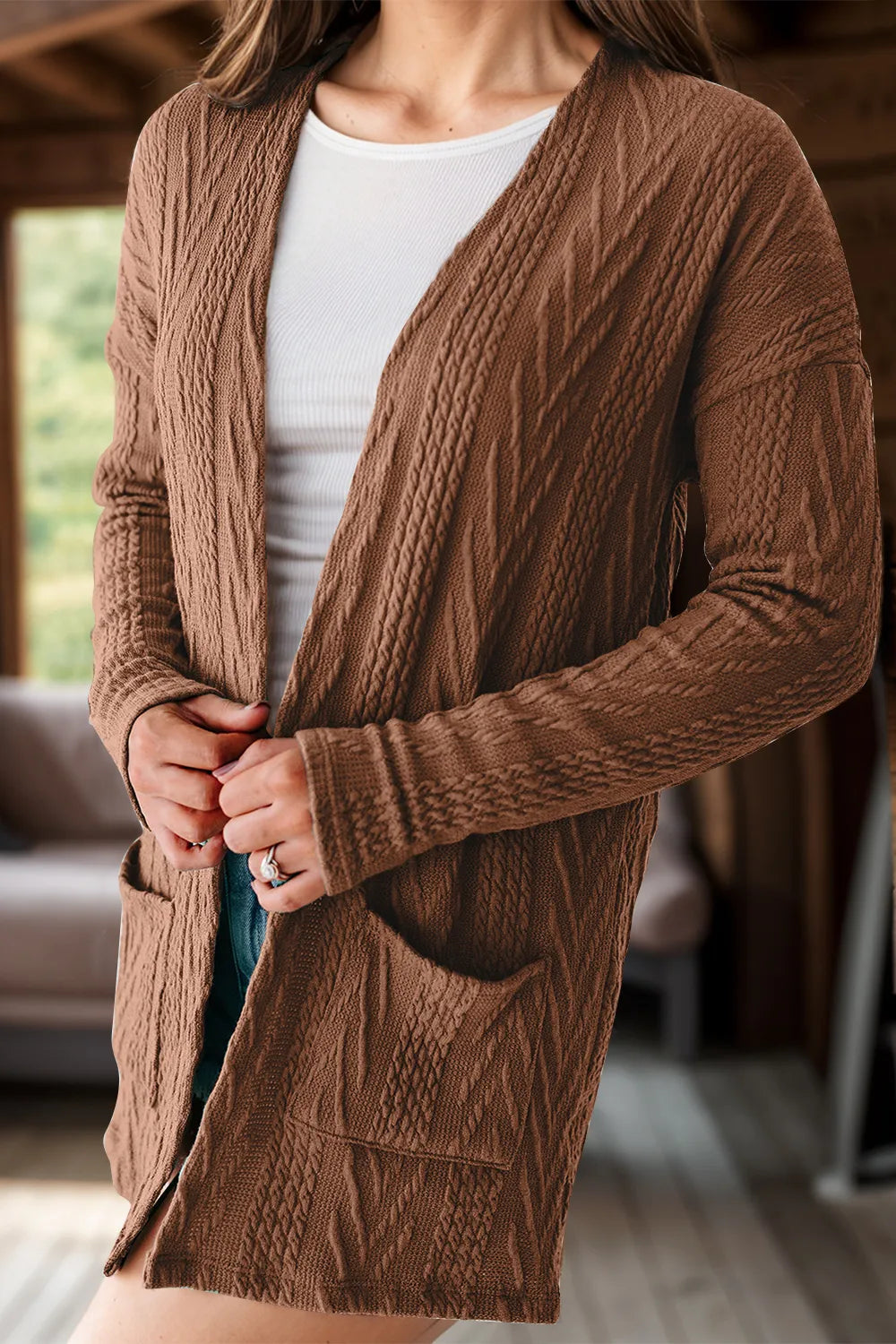 Textured Open Front Cover Up with Pockets Brown Trendsi